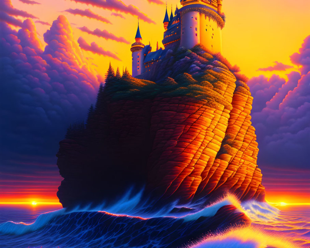 Majestic castle on cliff at sunset with vibrant skies and crashing waves