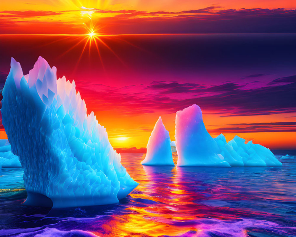 Colorful Sunset Over Ocean with Icebergs in Purple, Blue, and Orange Hues