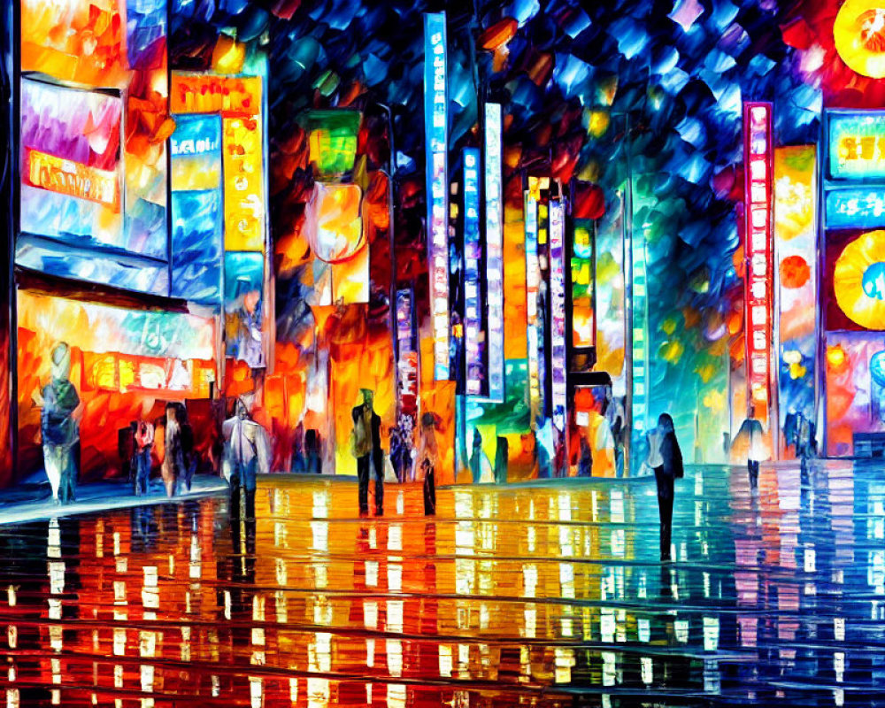 Colorful digital painting of bustling night street with neon signs & silhouettes