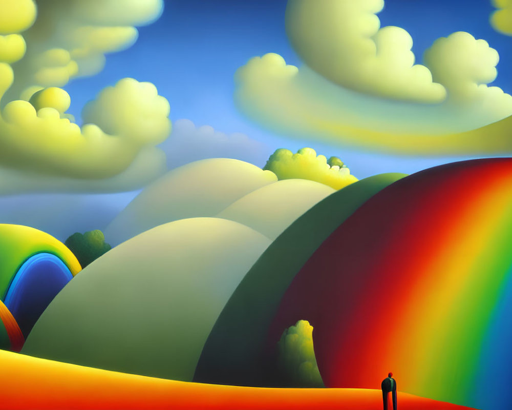 Colorful landscape with rainbow, clouds, and figure in orange field