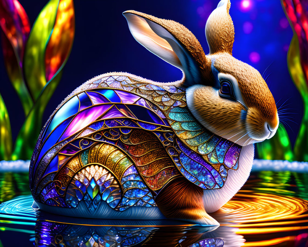 Vibrant rabbit illustration with stained glass patterns in nature.