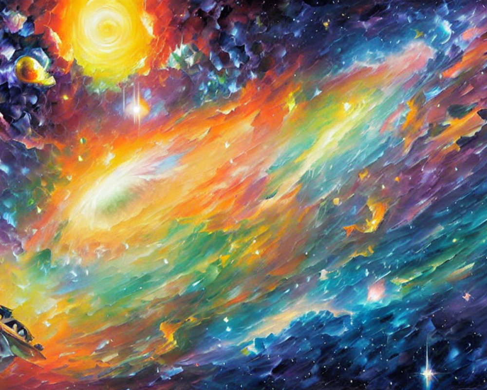 Colorful cosmic scene with galaxy, stars, and spacecraft