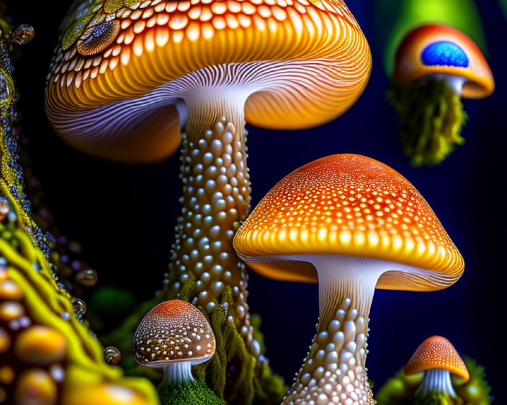 Colorful Stylized Mushroom Art on Dark Background