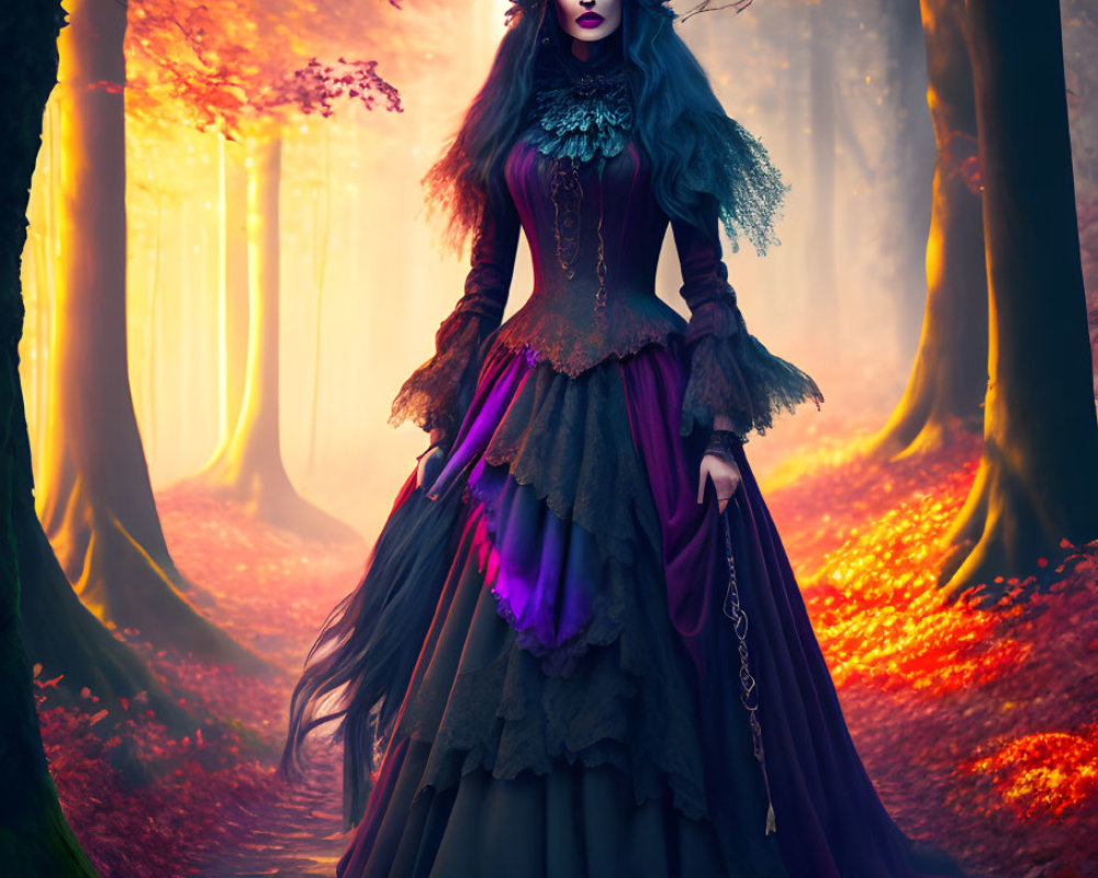 Woman in gothic dress in mystical autumn forest with red leaves.