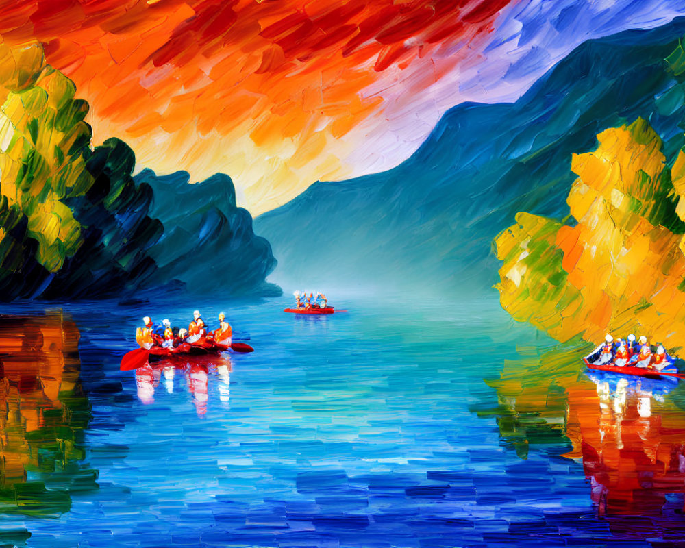 Colorful oil painting: Kayakers on serene river with autumn trees & sunset skies.