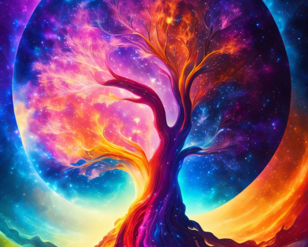 Colorful Cosmic Tree Against Galaxy Backdrop in Warm to Cool Neon Palette