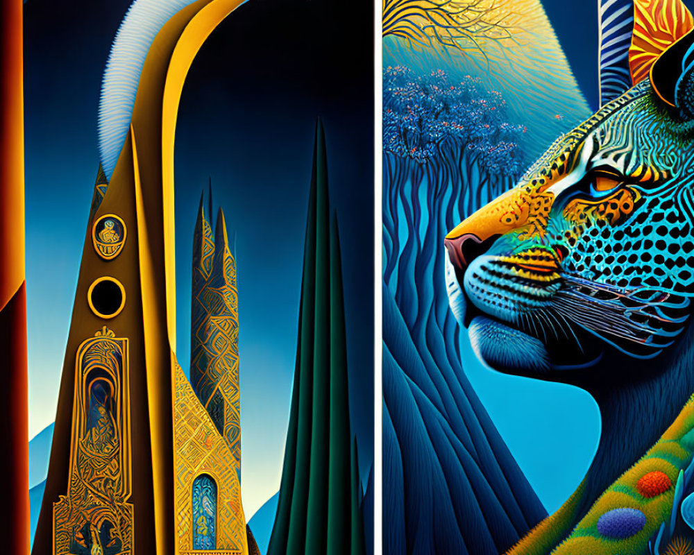 Split surreal artwork: pharaoh-like figure with long-necked bird merged on left, colorful jaguar