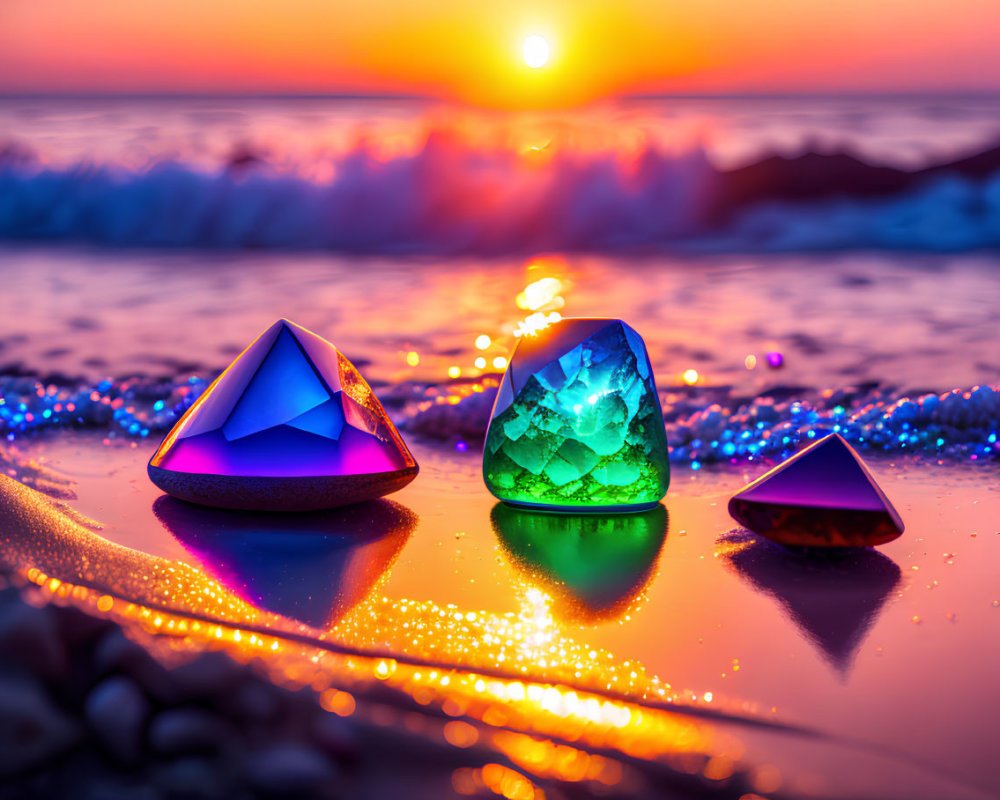 Vibrant Illuminated Crystals on Beach at Sunset