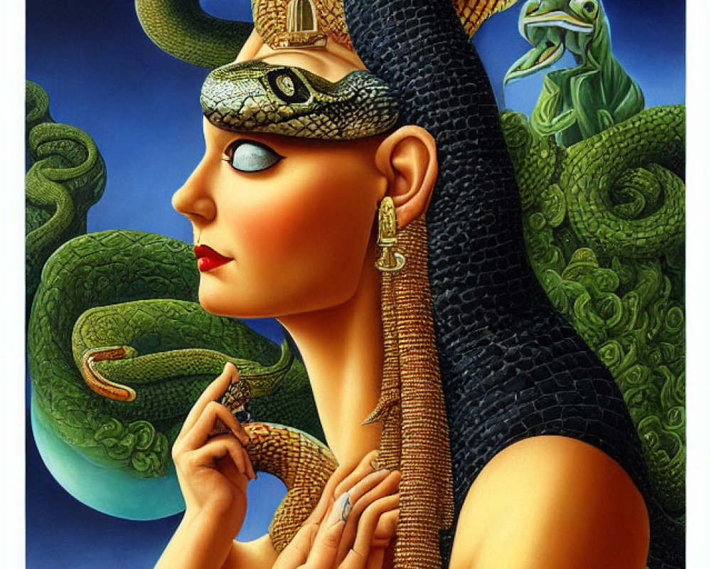 Colorful painting of woman with snake hair, surreal mythological theme