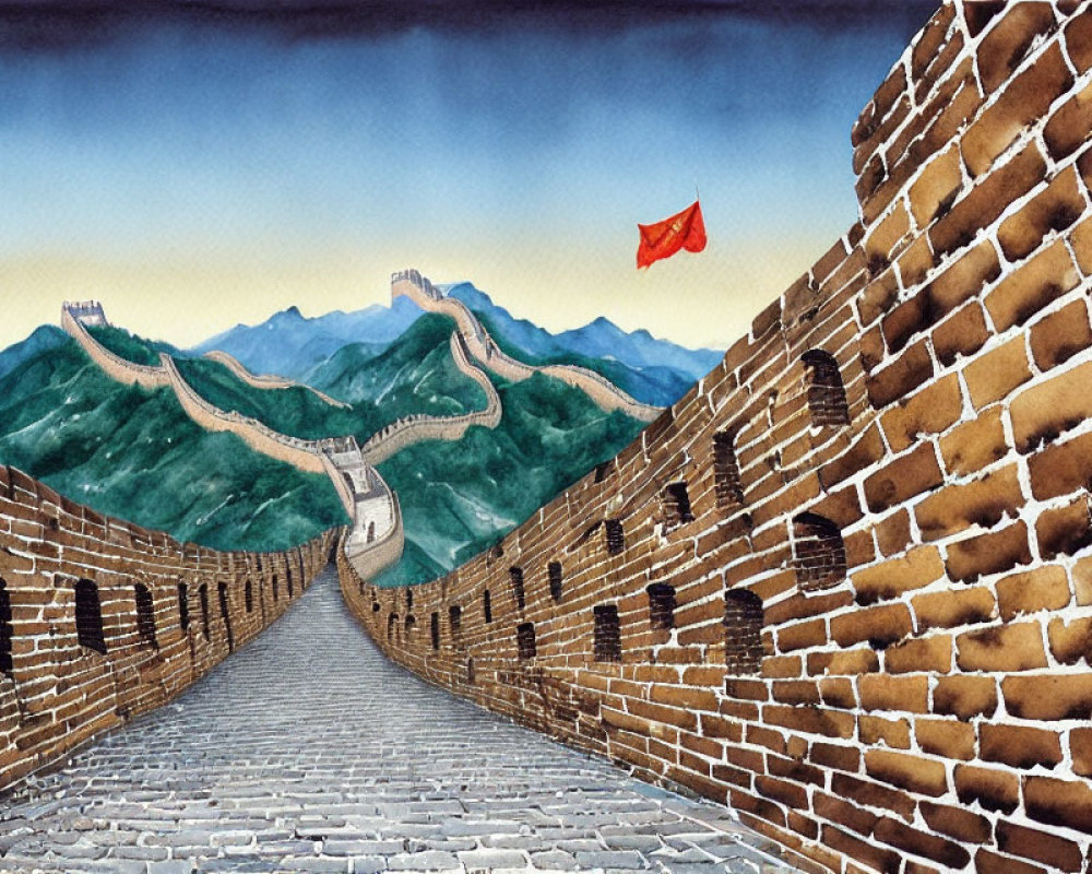 Great Wall of China watercolor painting with red flag in mountainous landscape