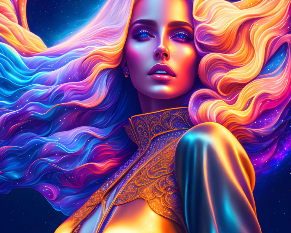 Colorful digital artwork: Woman with multicolored hair in cosmic setting