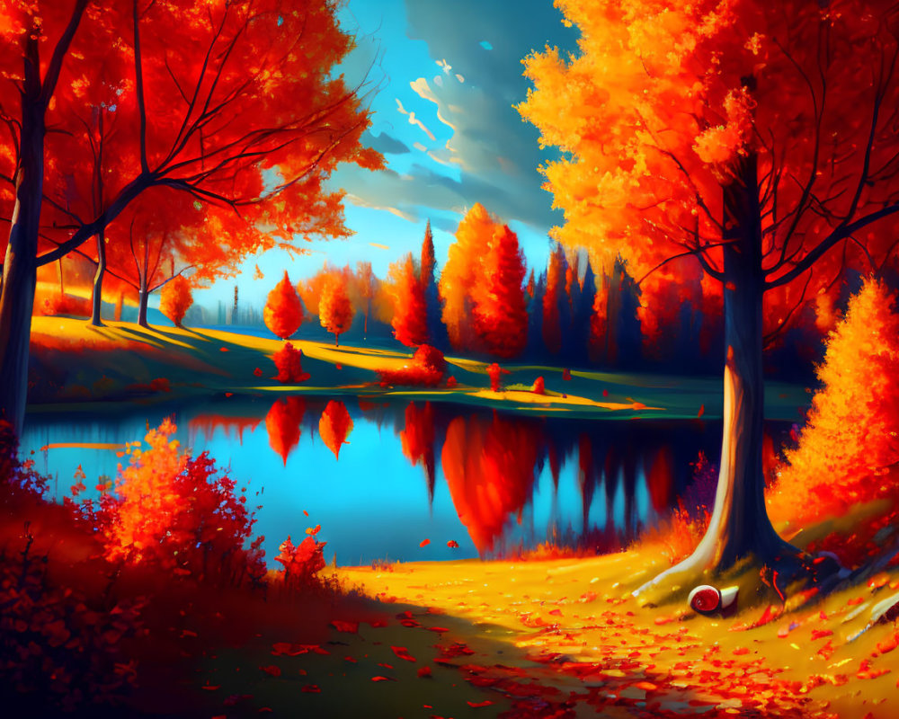 Fiery orange and red trees reflecting on tranquil lake in autumn