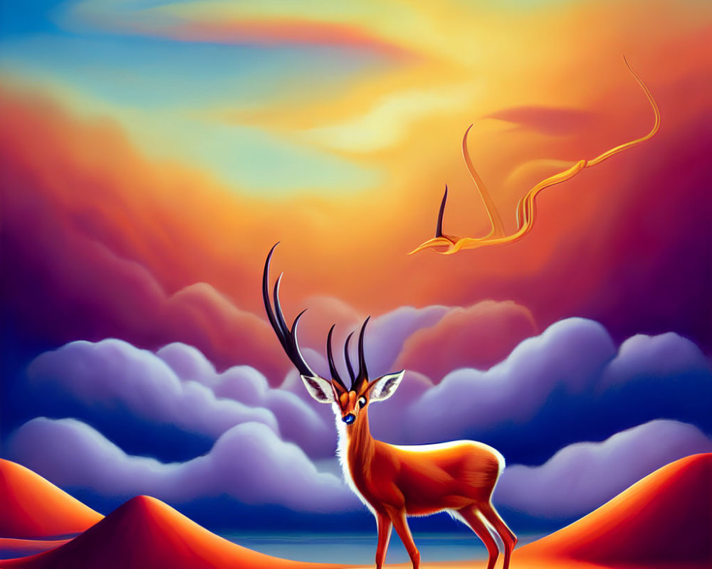 Surreal antelope with twisting horns in vibrant landscape