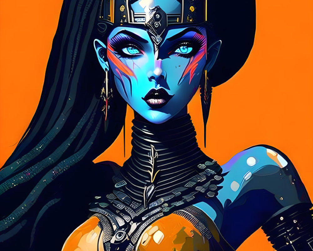 Colorful depiction of blue-skinned woman in futuristic attire with striking makeup and elaborate headgear on orange