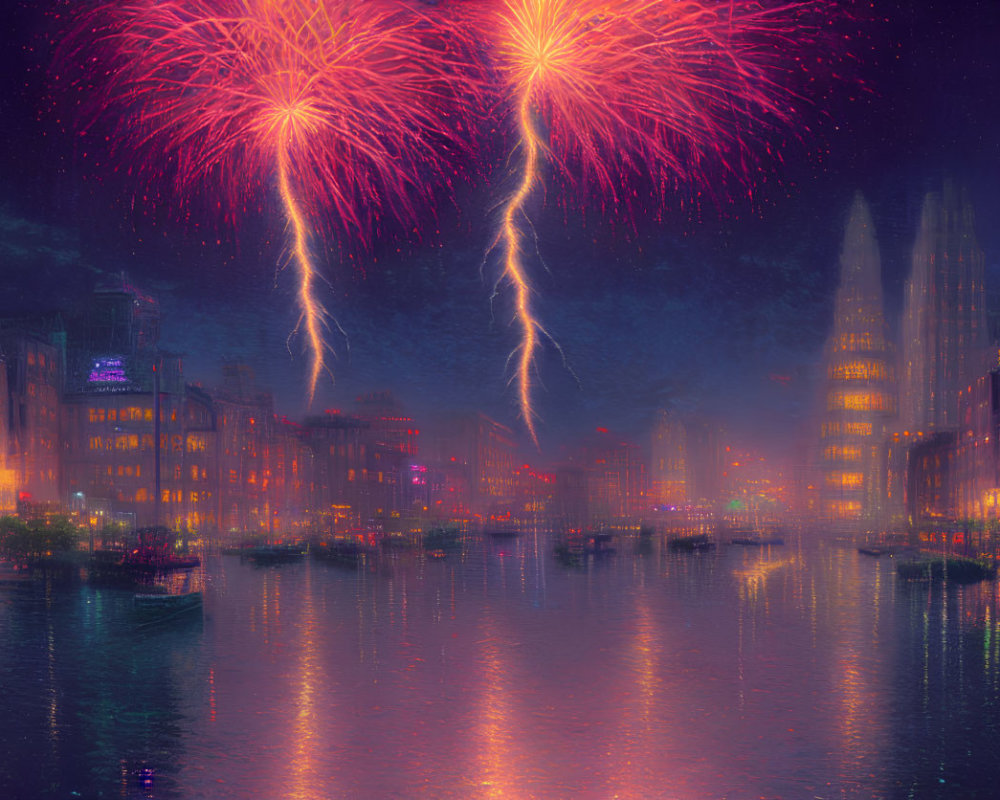 Cityscape at Night with Fireworks and Lightning Over Misty Cityscape