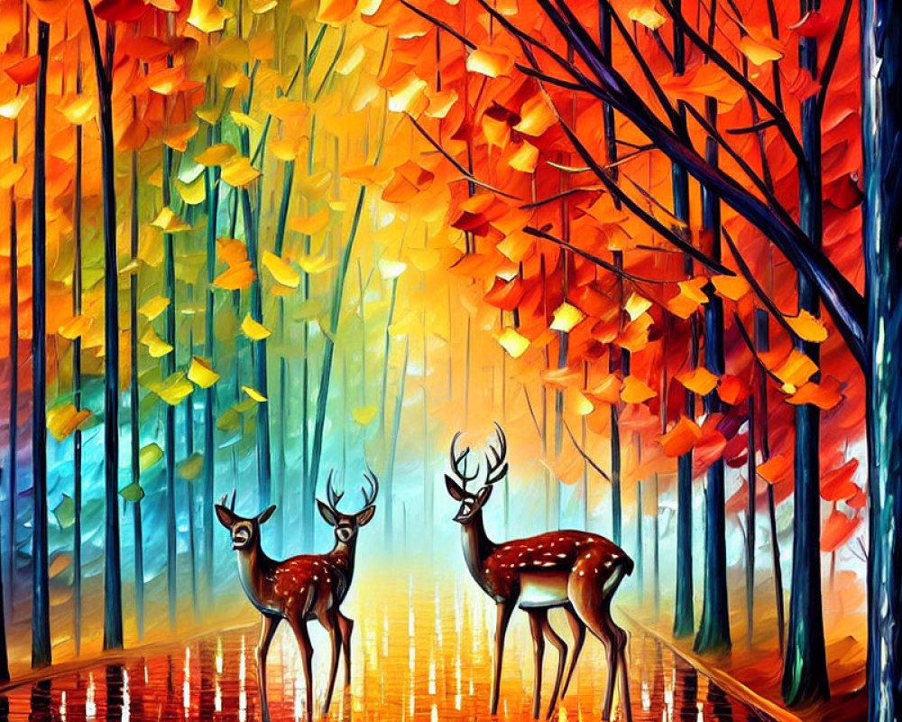 Vibrant forest scene with two deer and colorful trees