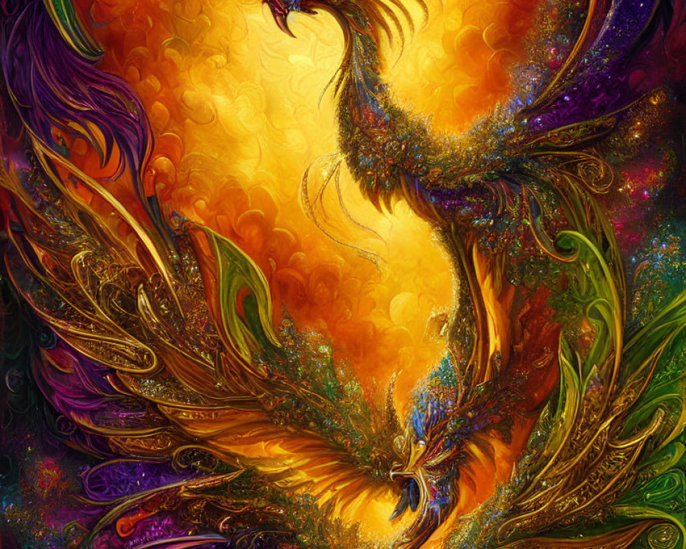 Colorful Abstract Art: Vibrant Phoenixes with Fiery Plumage