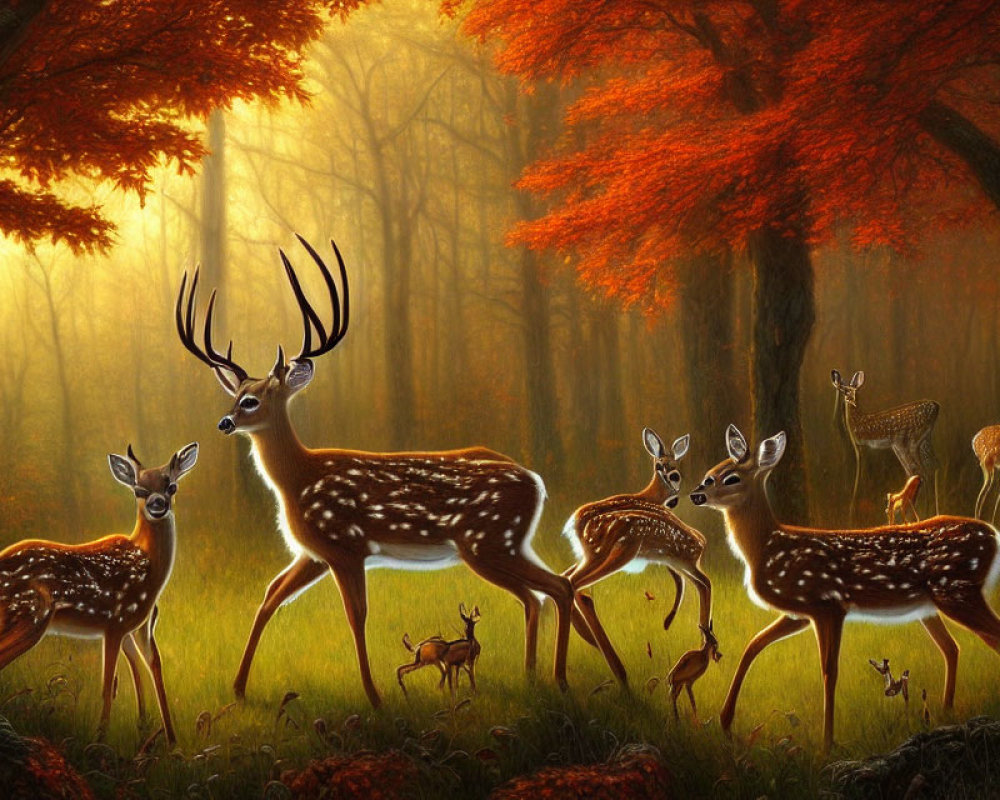 Tranquil forest scene with deer in golden autumn light