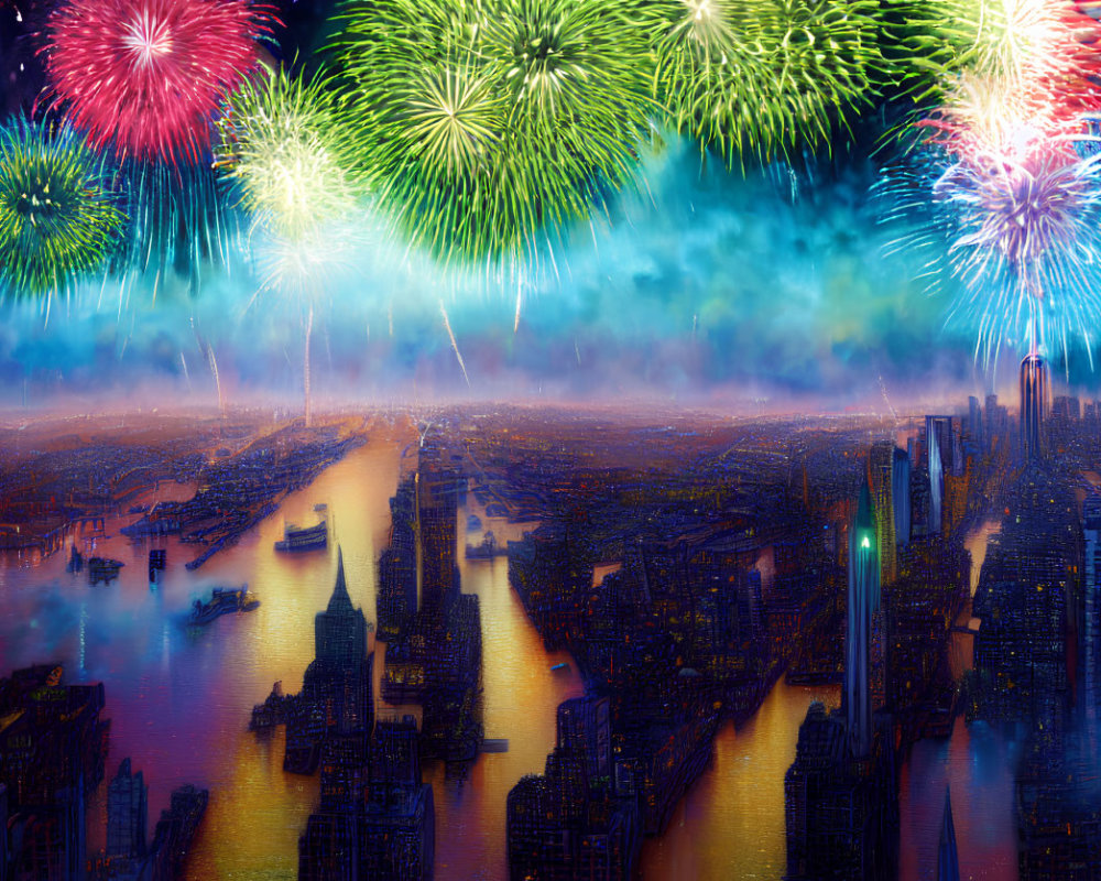 Colorful fireworks illuminate cityscape with river reflection