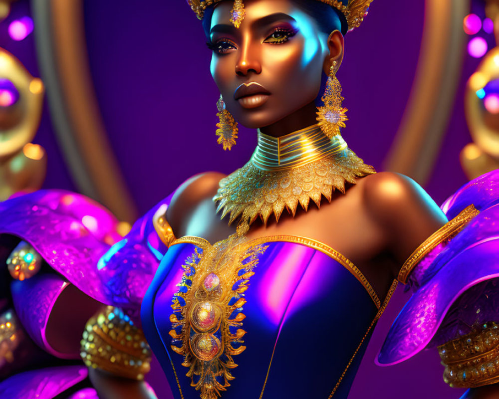 Regal Figure with Golden Crown and Jewelry on Purple Background