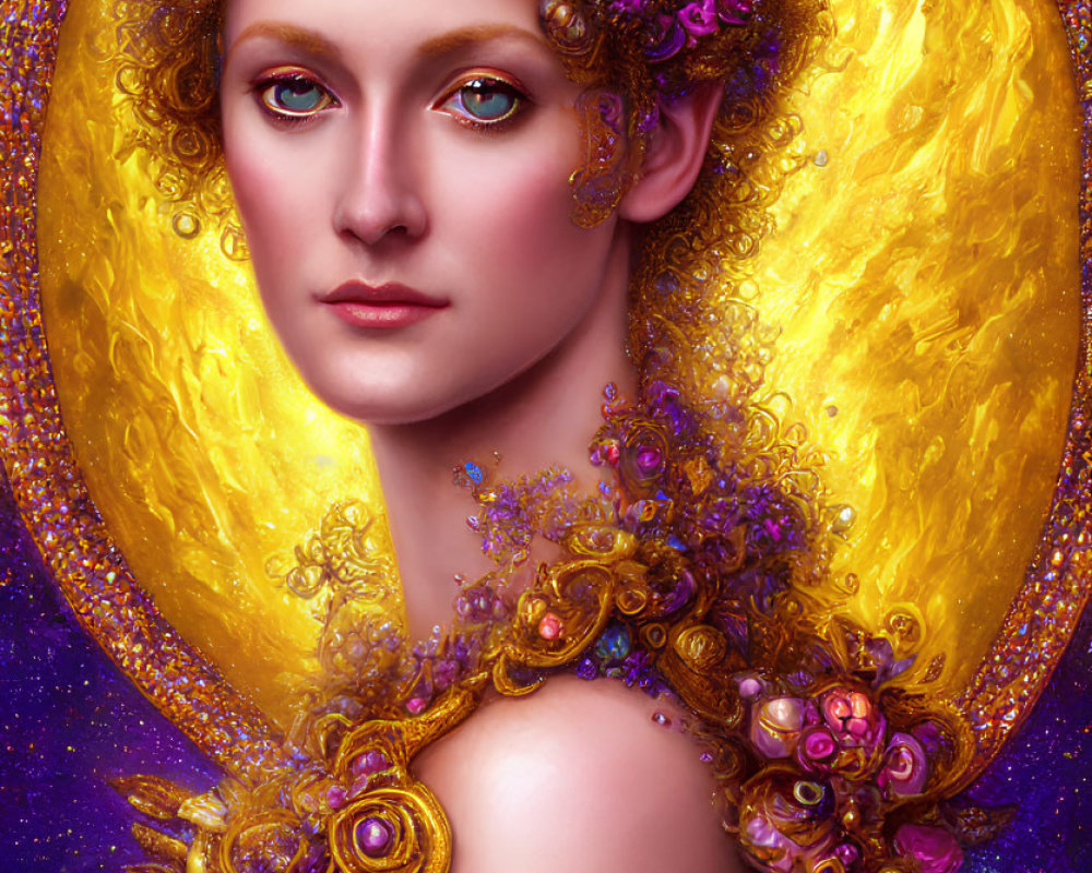 Golden-haired woman portrait with floral details on purple background