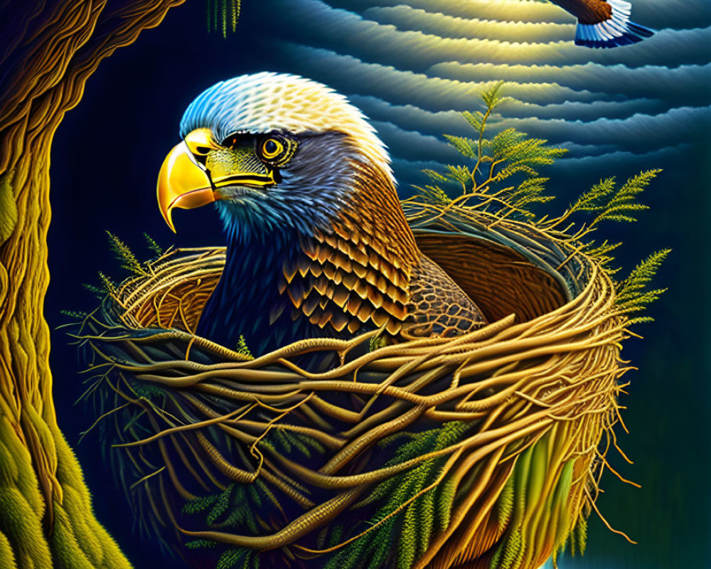 Eagle nestled in treetop nest with soaring companion in sky