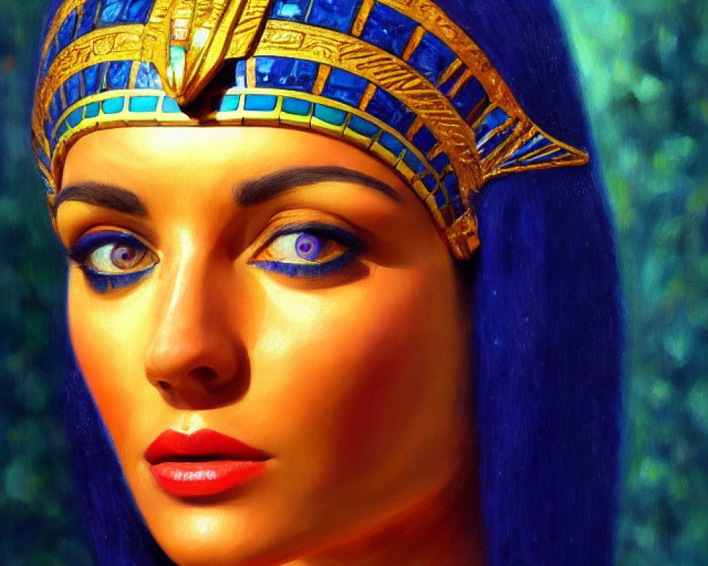 Portrait of a woman styled as Egyptian pharaoh with golden headdress and blue and gold headpiece