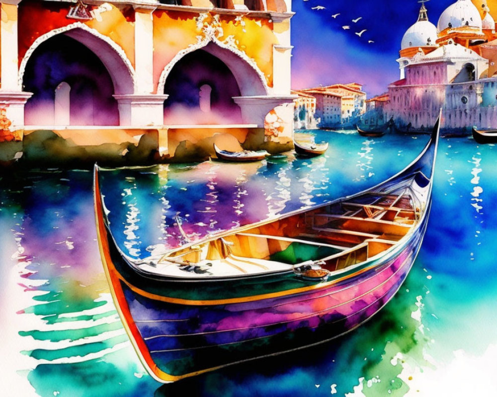 Colorful Watercolor Painting: Venetian Canal with Gondola, Historic Buildings, and Flying