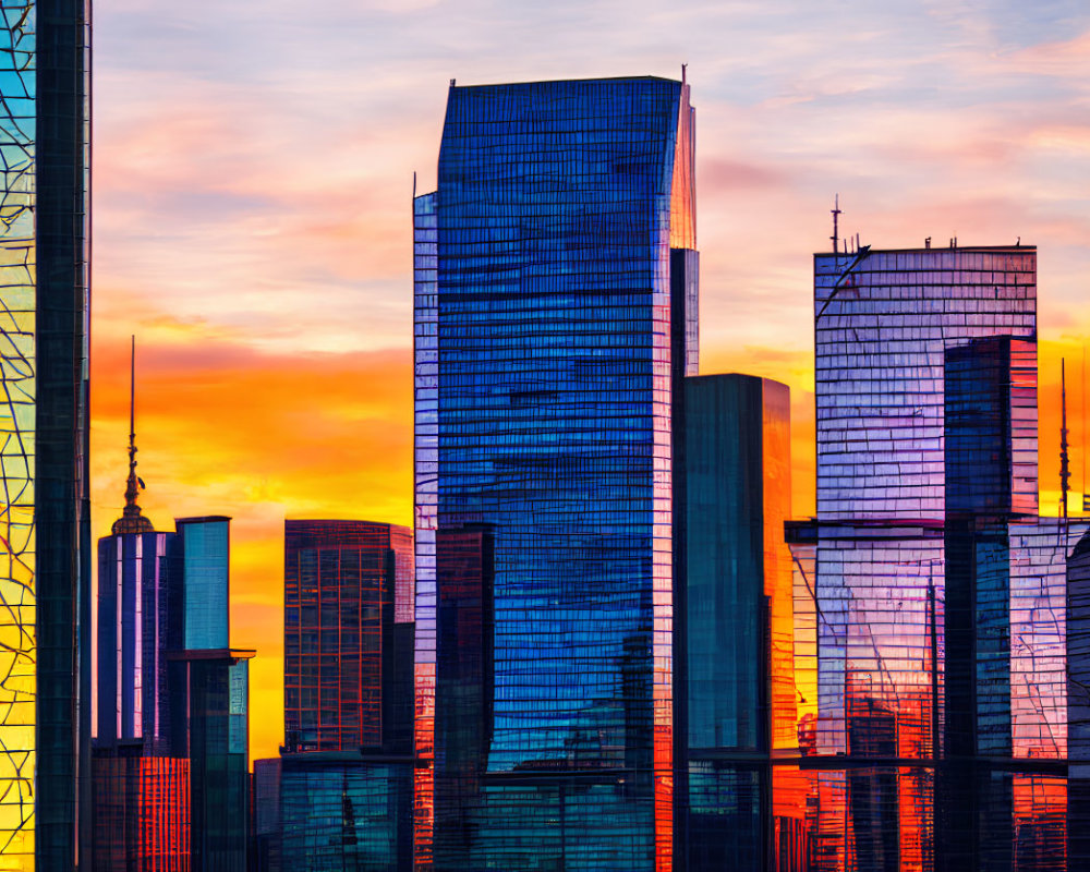 Vibrant sunset sky reflecting on modern skyscrapers