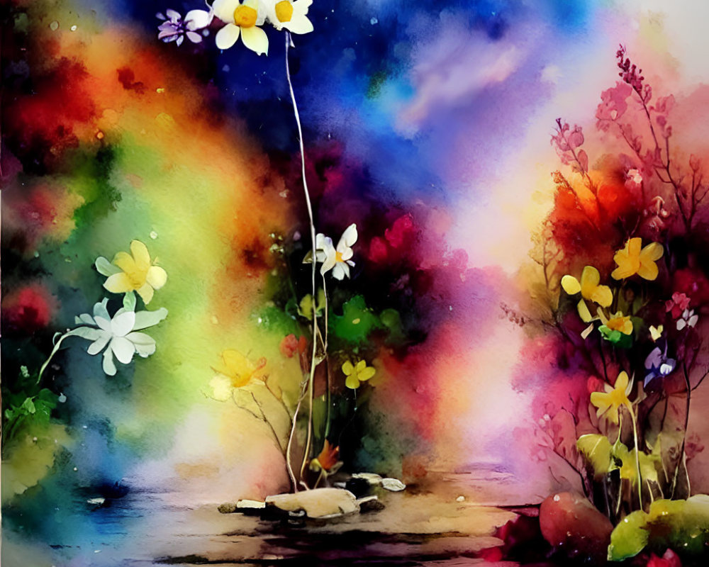 Colorful Watercolor Painting of White and Yellow Flowers in Lush Foliage