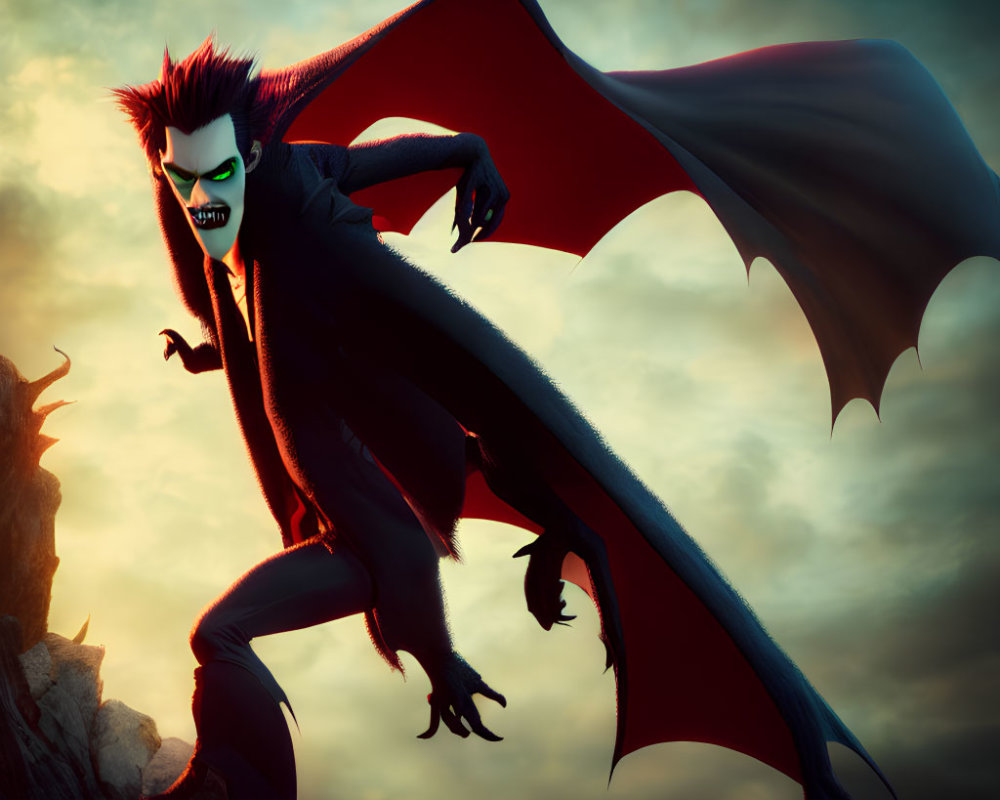 Menacing Animated Vampire with Sharp Fangs and Large Wings on Rocky Outcrop