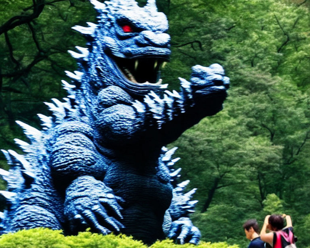 Giant Godzilla statue in forest with couple taking photo