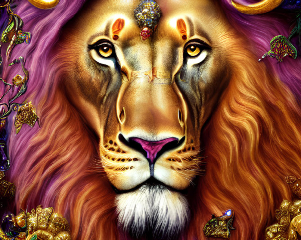 Majestic lion portrait with golden mane and intricate jewelry in baroque setting