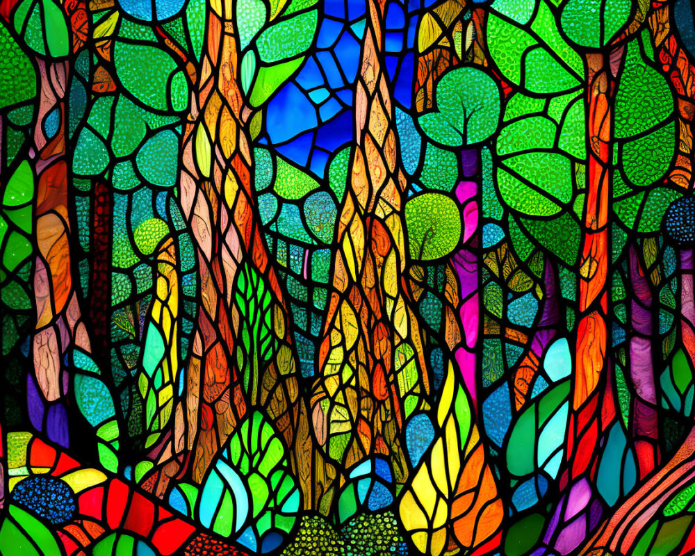 Colorful Stained Glass Window with Tree and Leaf Pattern in Blues, Greens, Oranges, and