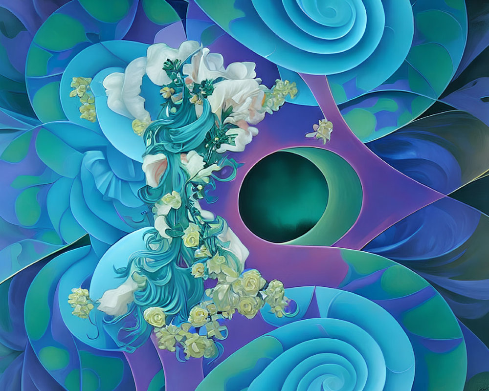 Surreal woman merged with abstract floral patterns in swirling blue shapes