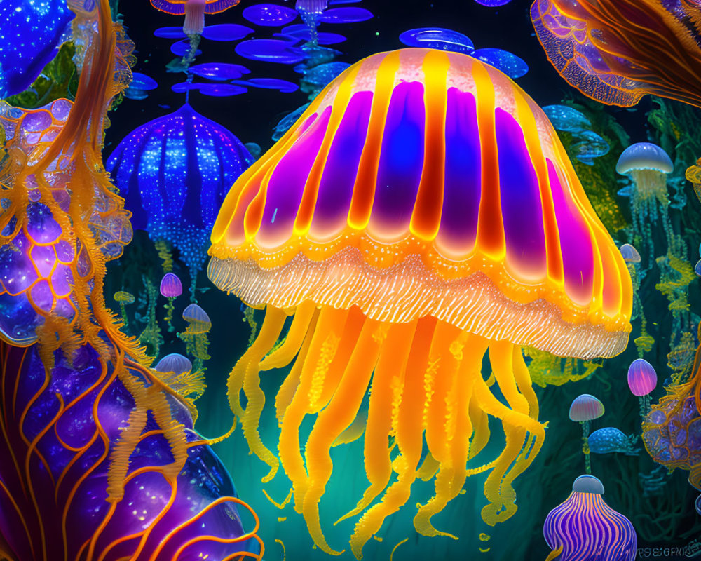 Colorful jellyfish and marine flora in luminous underwater scene