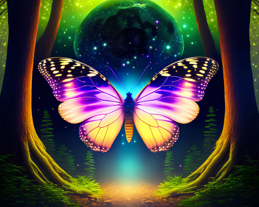 Digital artwork: Glowing butterfly in magical forest with green aurora