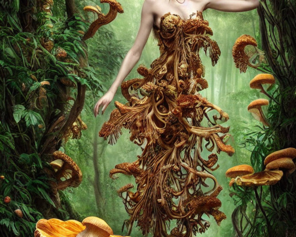 Mystical forest scene: woman in golden crown, floating among giant mushrooms, wearing gown of roots