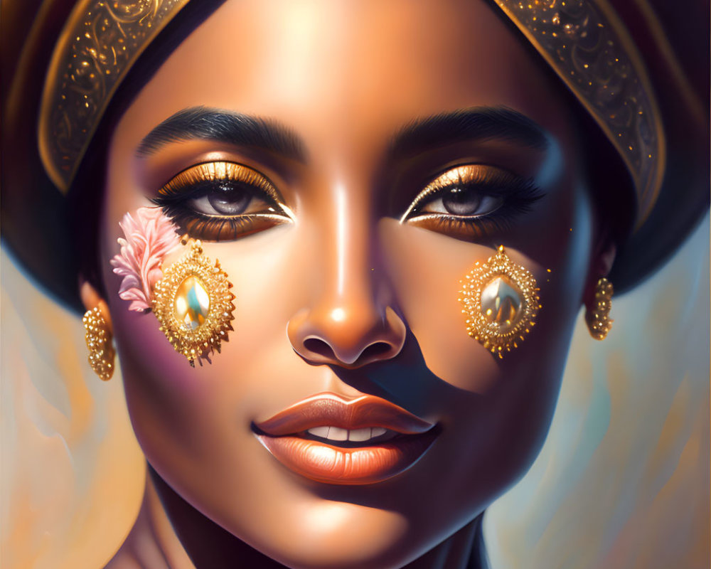 Digital painting of woman with golden headwear and teardrop earrings