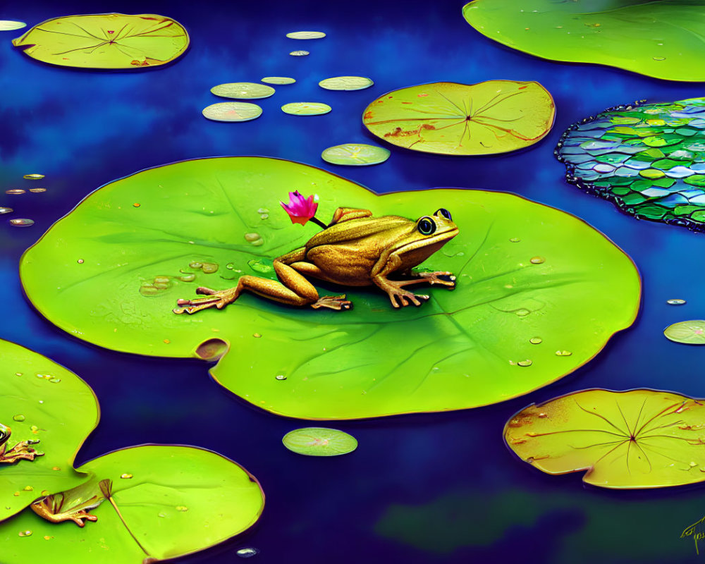 Colorful digital artwork featuring frogs on lily pads in a pond with water droplets and a pink