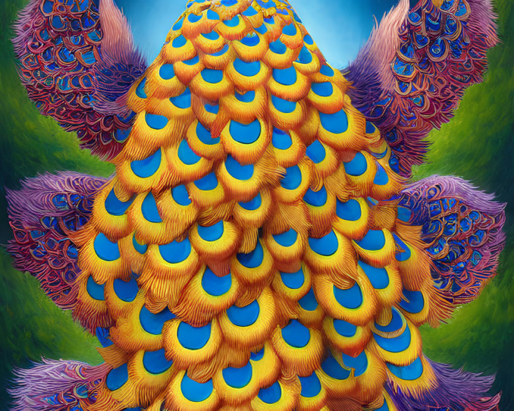 Exaggerated peacock digital artwork with vibrant colors and ornate patterns