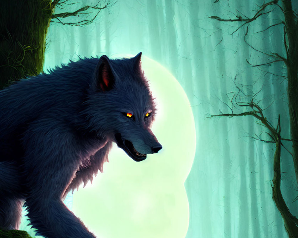 Dark-furred wolf with glowing eyes in misty forest with greenish full moon