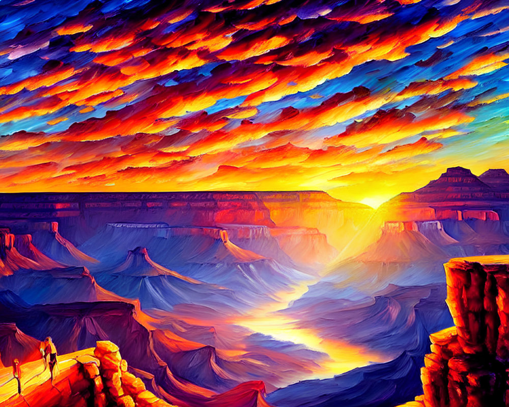 Colorful sunset canyon painting with silhouetted figures and river reflection.