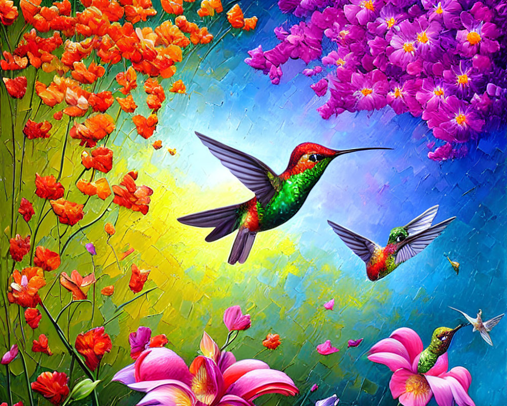 Colorful Hummingbirds and Flowers in Radiant Digital Art