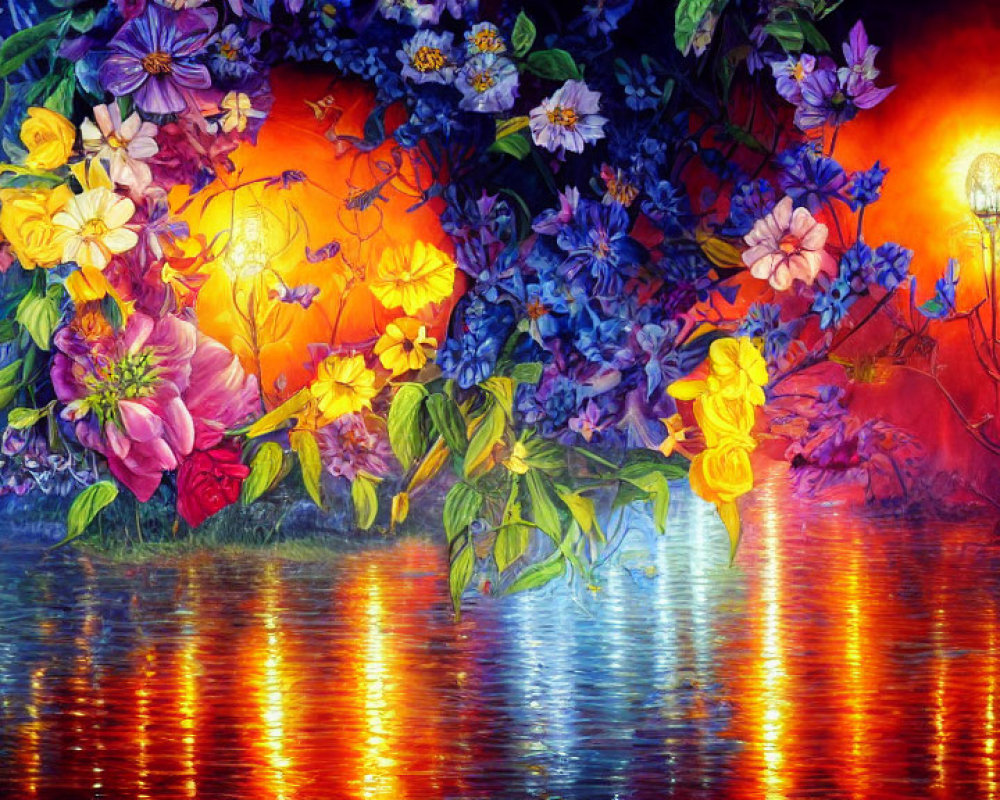 Colorful floral painting above reflective water with warm light.