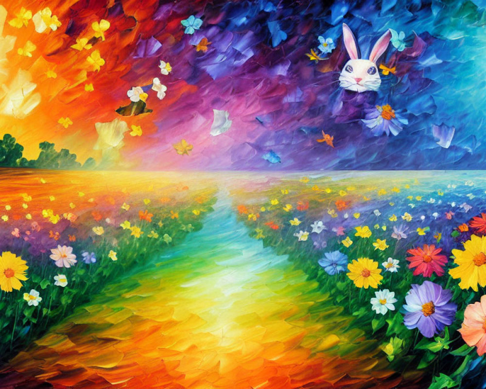 Colorful Whimsical Landscape Painting with Flower Field, Rabbit, and Starry Sky