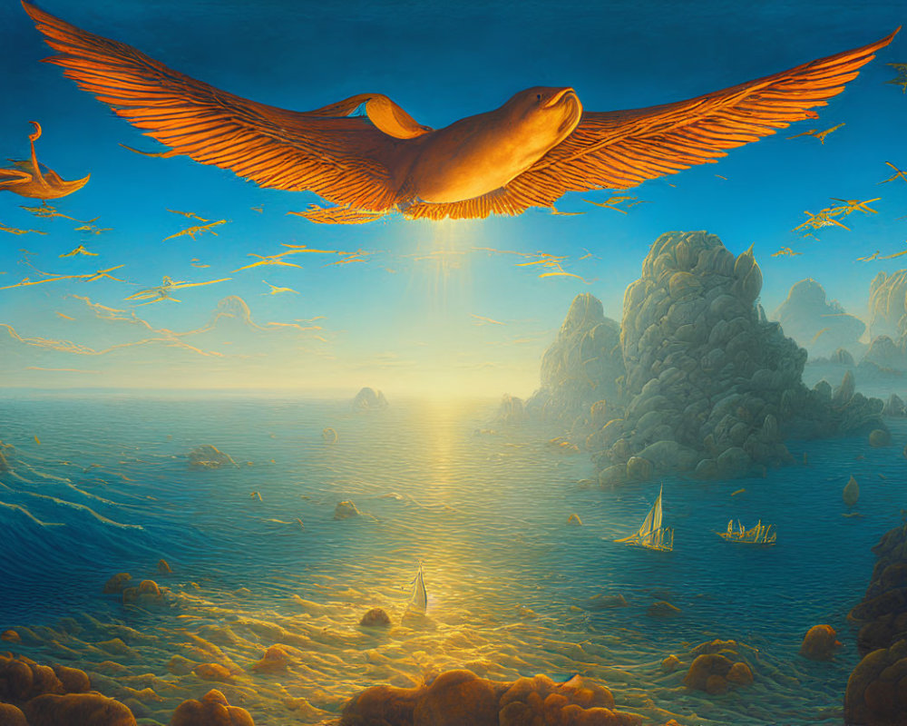 Giant bird flying over surreal ocean landscape with sunset