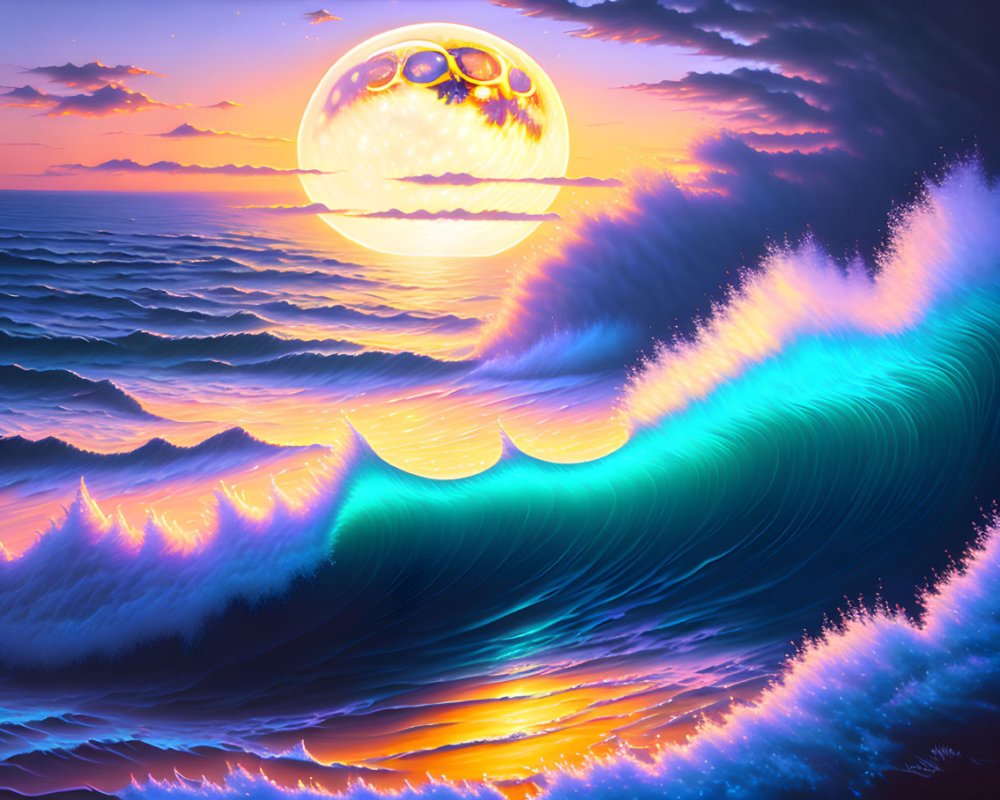 Surreal ocean scene with neon waves and moonlit sky