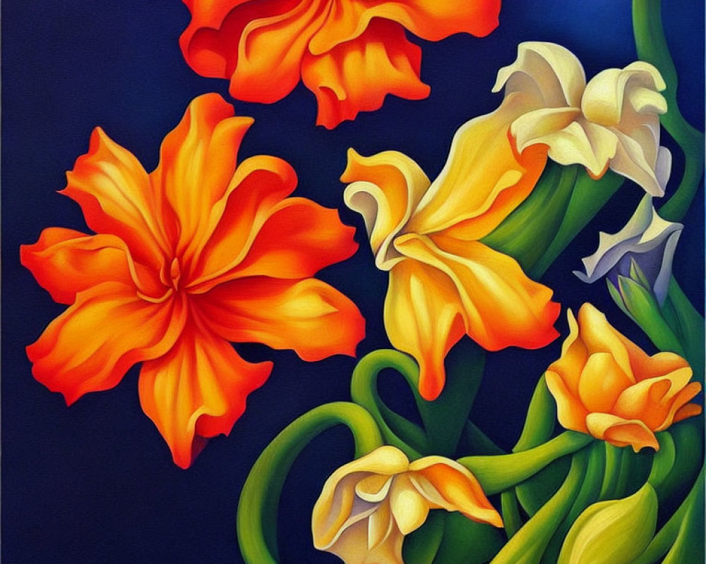 Colorful Floral Painting: Orange and Yellow Flowers on Blue Background