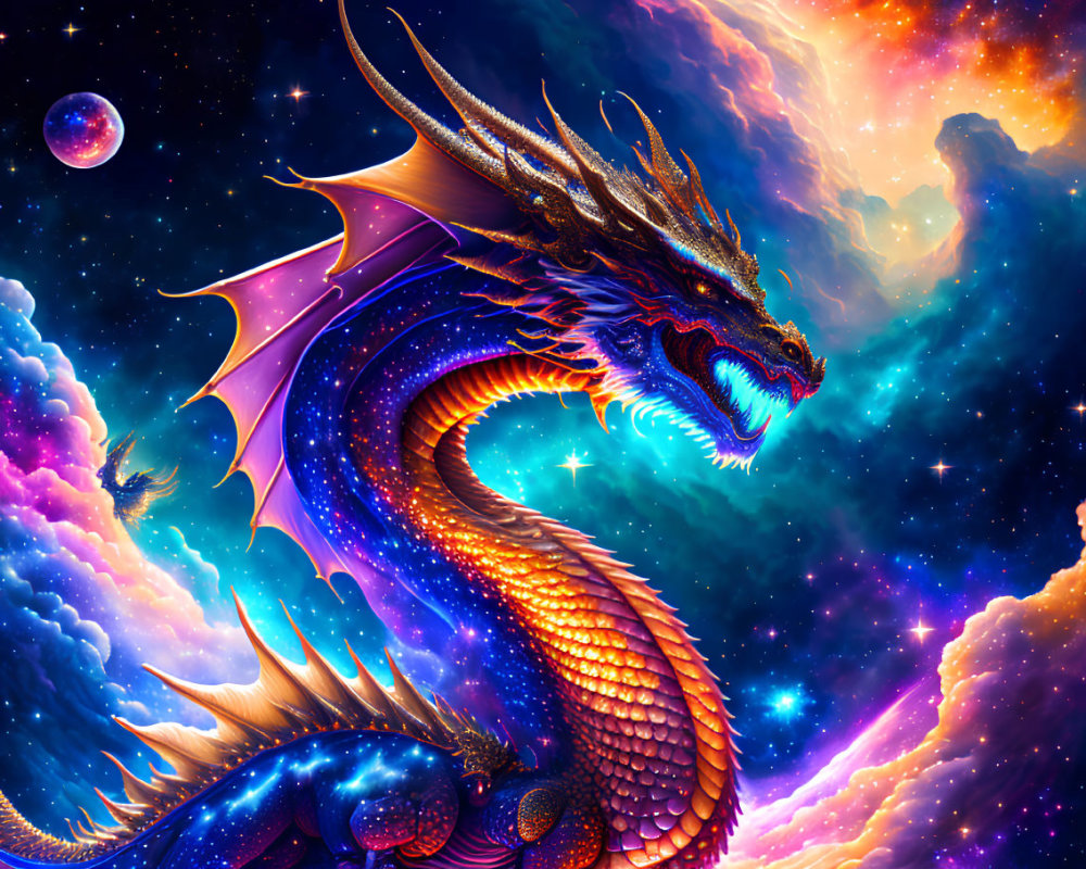 Colorful Dragon Flying in Cosmic Sky